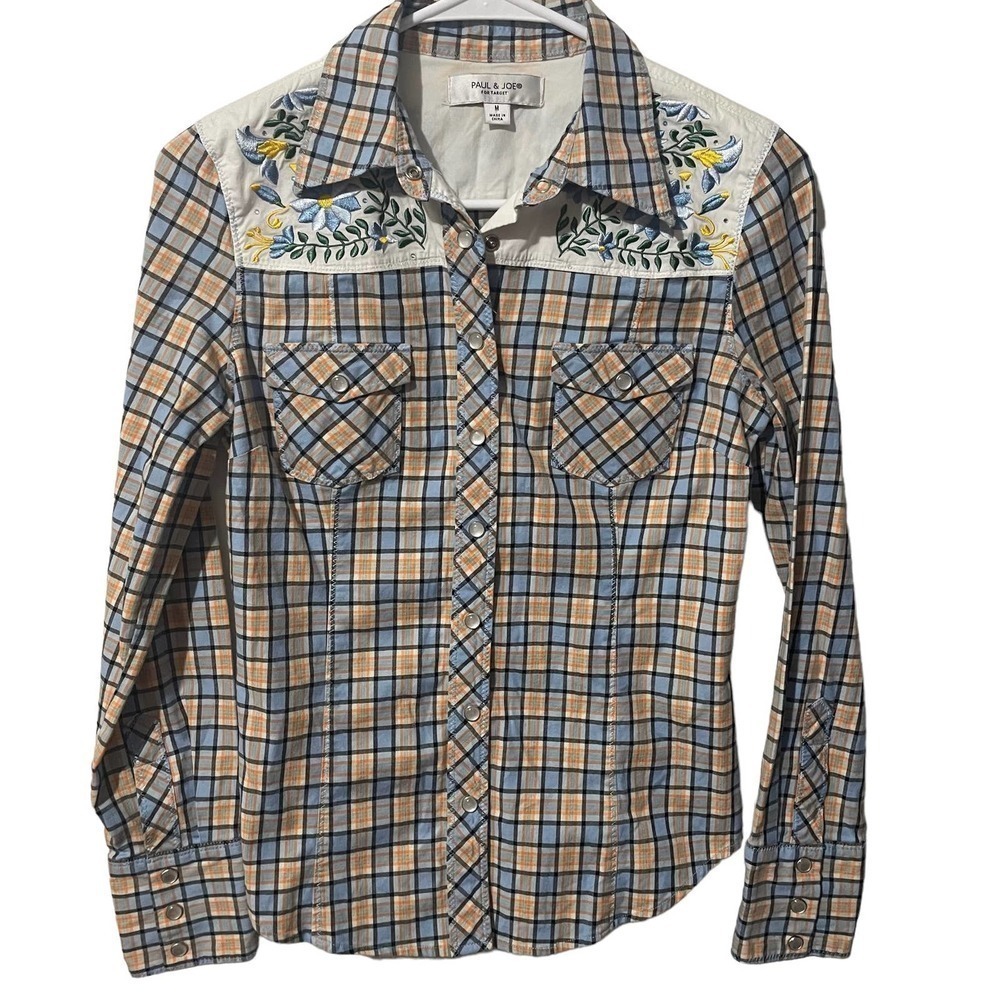 Paul & Joe for Target Orange & Blue Plaid Pear Button Down Top w/Embroidery